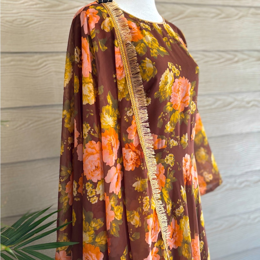 Floral Brown Anarkali with Fringe Dupata